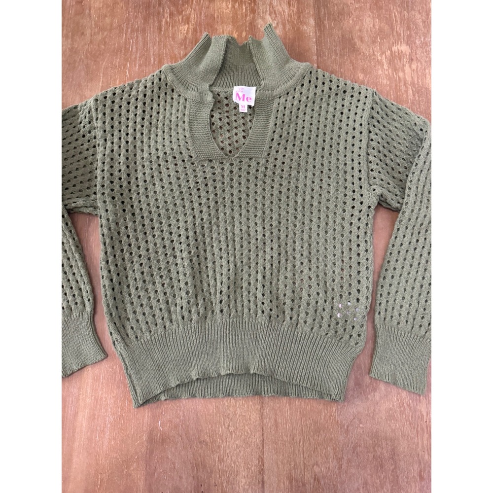 So Me Olive Green Open Knit Split Mock Neck Sweater Pointelle Crochet Medium